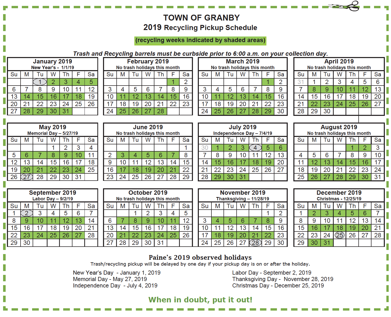 2019 Recycling Pickup Schedule Granby Drummer