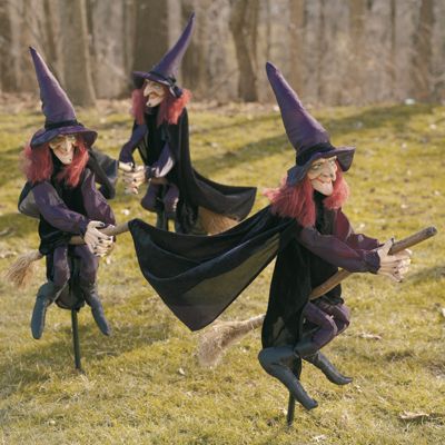 Set of Three (3) Staked Halloween Witches Hat Black Cape Broom Pointy