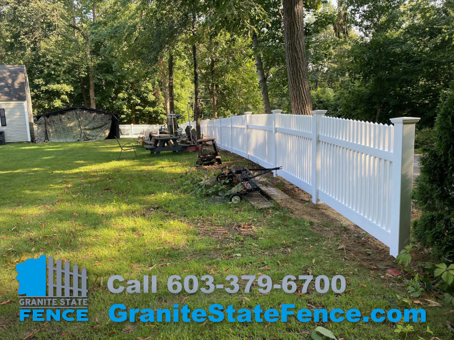 Vinyl Picket Fence installation in Windham, NH. Granite State Fence