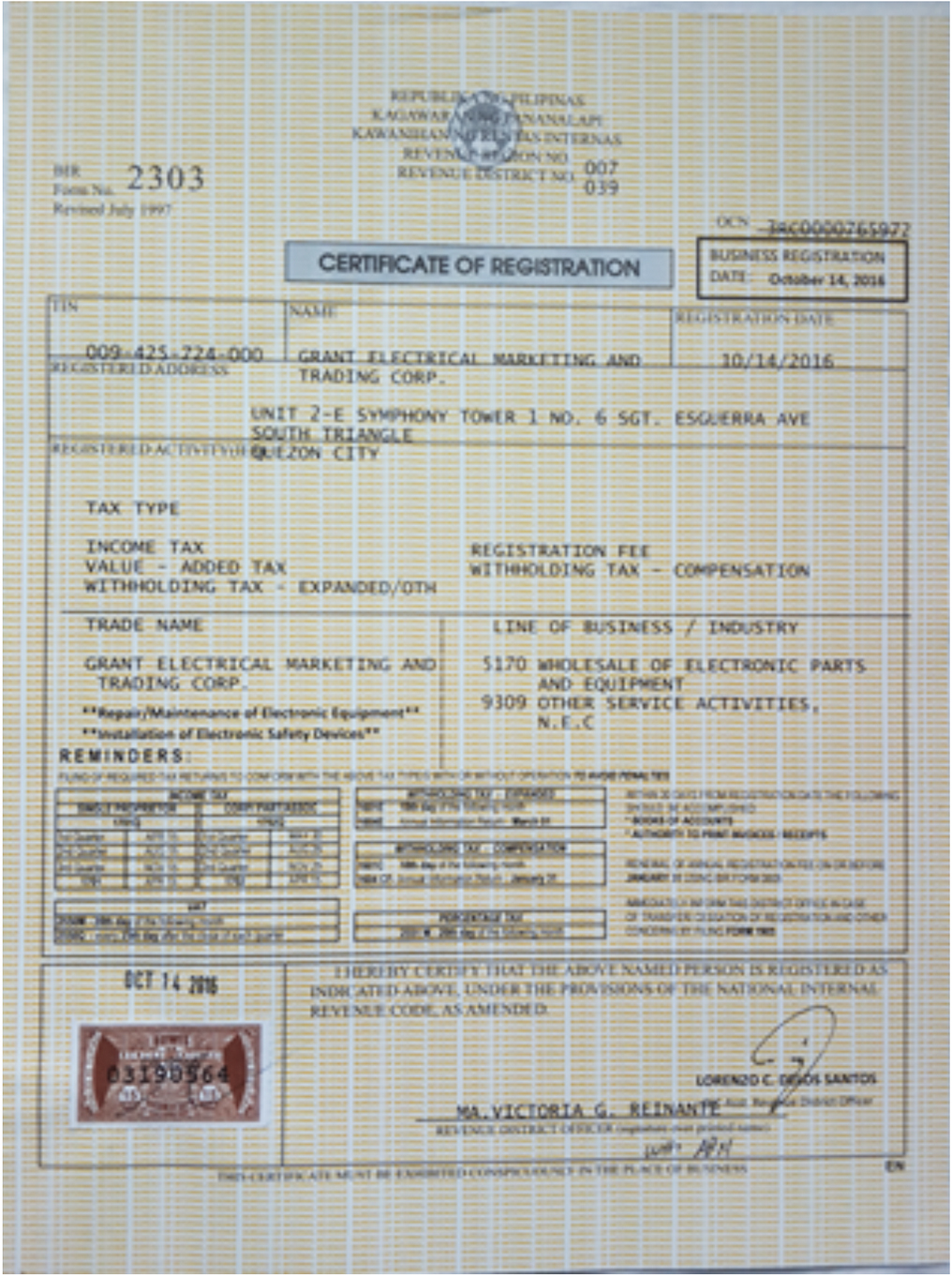Certificates Grant Electrical Marketing and Trading Corp