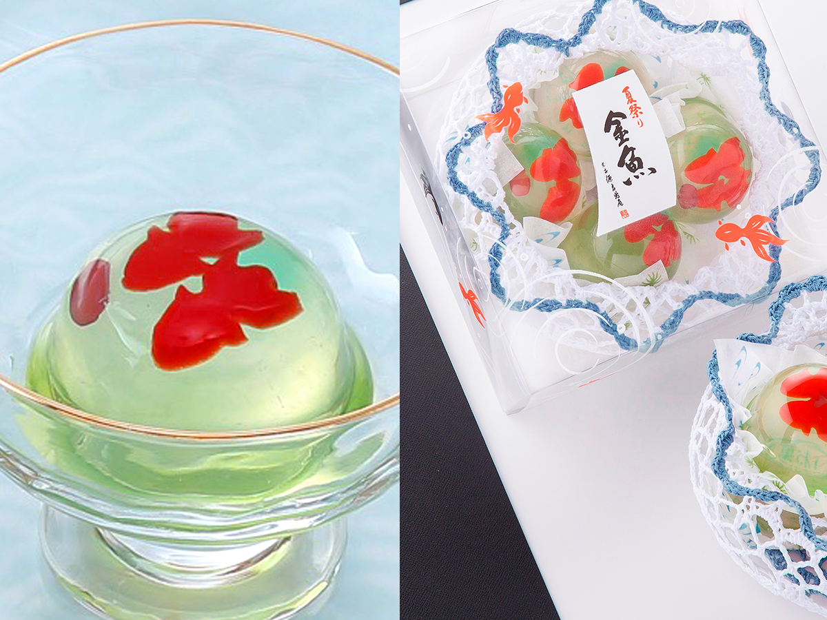 Goldfish Swimming in Traditional Japanese ‘Raindrop’ Jelly Sweets are