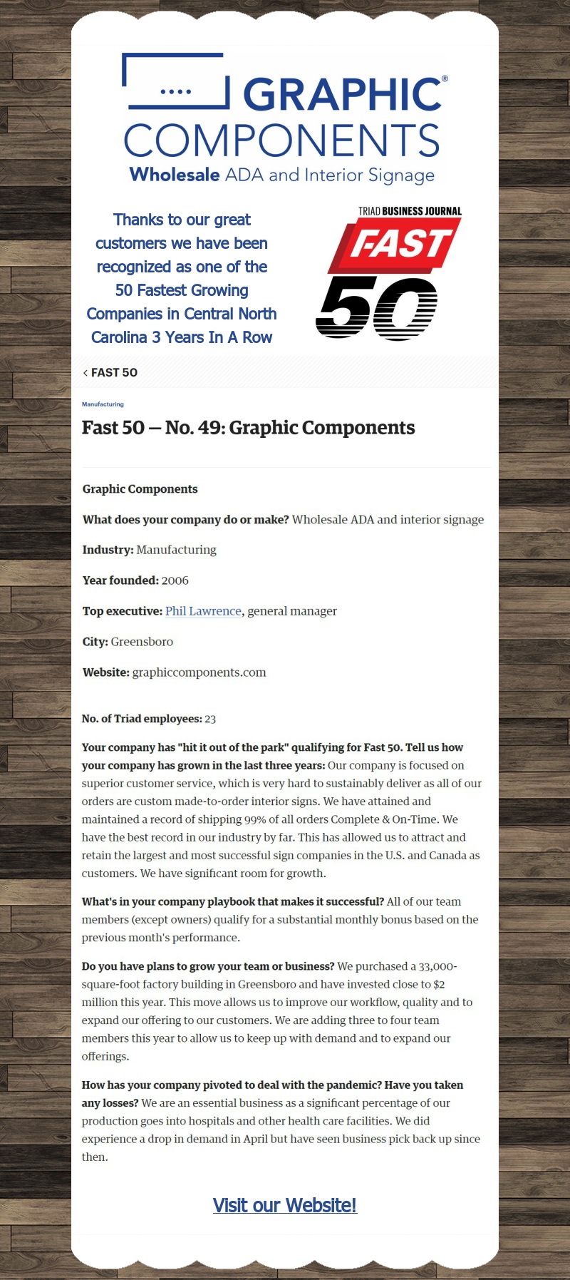 50 Fastest Growing Companies in NC! Graphic Components