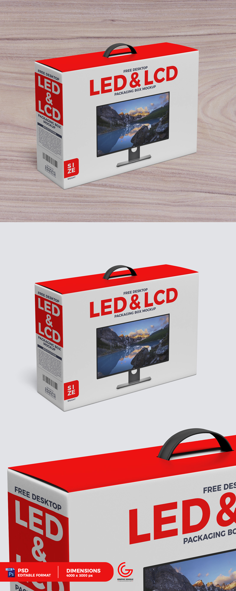 Free Desktop LCD & LED Packaging Box with Handle MockupGraphic Google