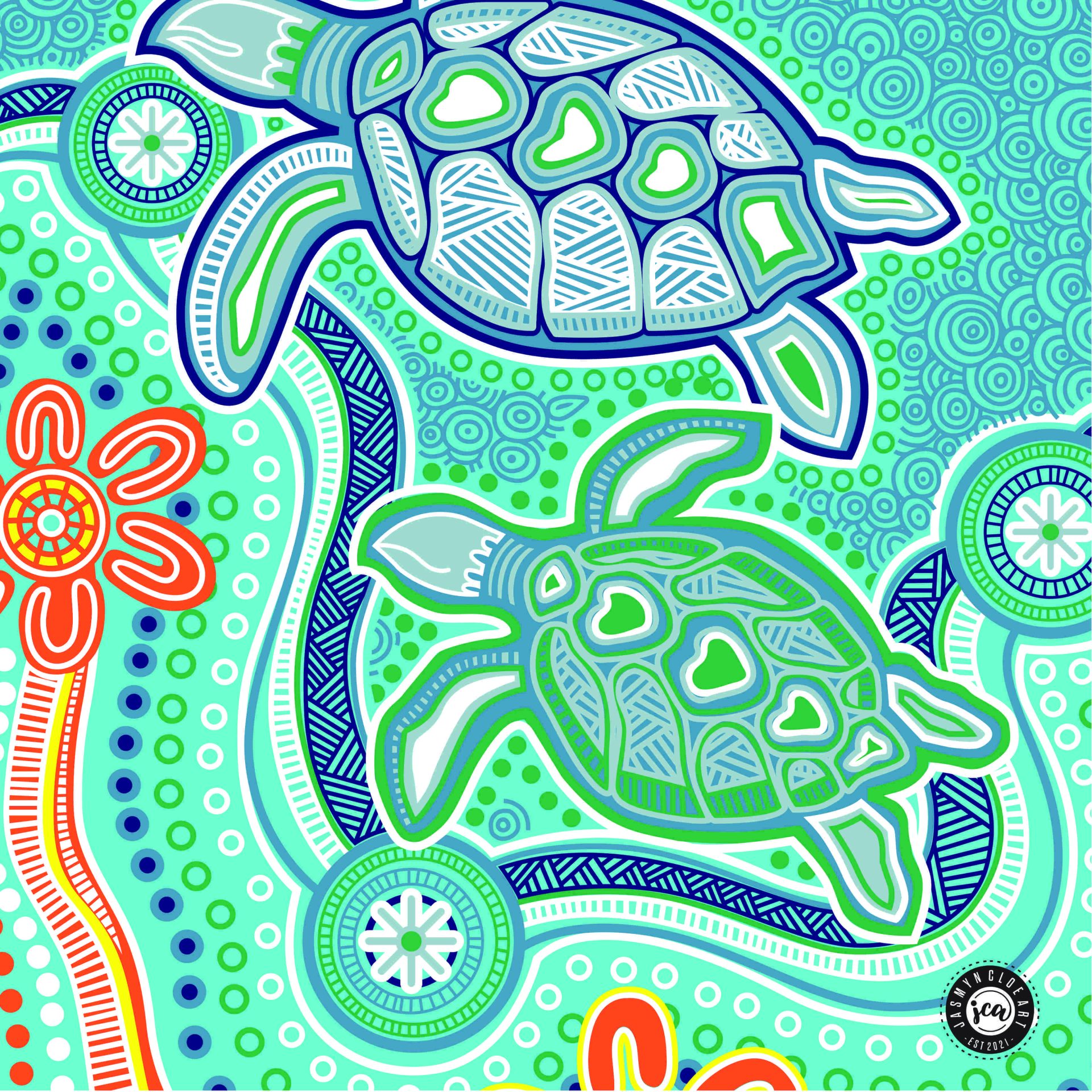 Turtle Aqua/Orange/Green Cushion Cover Grateful Remnants