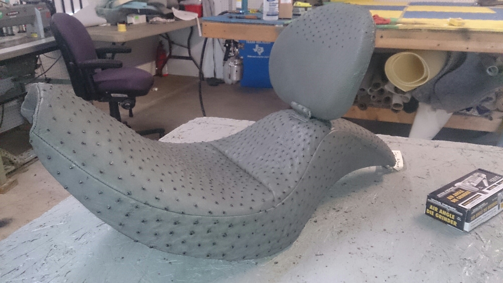Custom ostrich motorcycle seat upholestry austin Grateful Threads