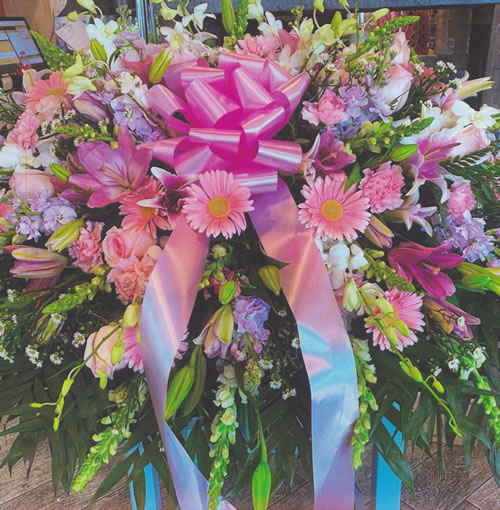 Pink Flowers & Pink Bow Wreath Grave Blankets