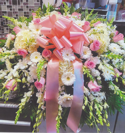 White Flowers & Pink Ribbon Bow Wreath Grave Blankets