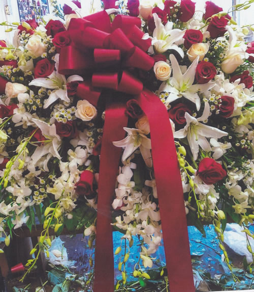 White & Red Roses & White Lilies & Red Ribbon Bow Wreath Grave Blankets