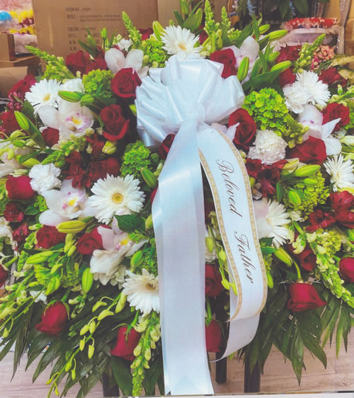 Red Roses & White Flowers & White Ribbon Bow “Beloved Father” Wreath