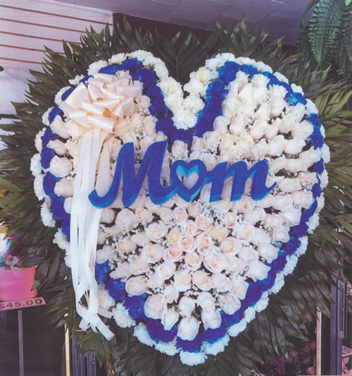 White & Blue Flowers & White Roses & White Ribbon Bow “Mom” Heart