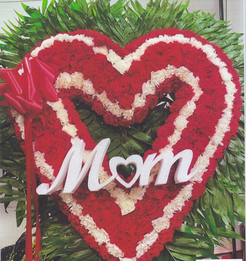 Red and White Flowers & Red Ribbon Bow “Mom” Heart Arrangement Grave