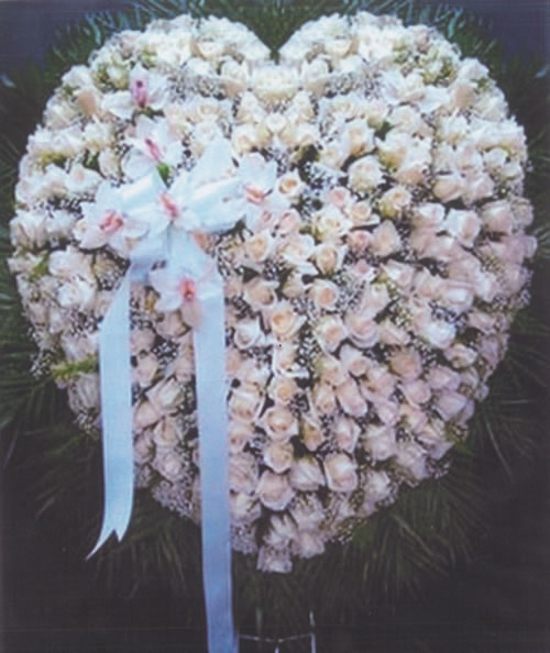 White Roses & White Ribbon Bow Heart Arrangement Grave Blankets