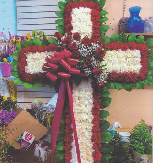 Red & White Flowers & Red Roses & Red Ribbon Bow Cross Arrangement