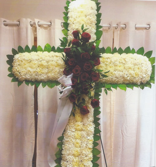 White & Yellow Flowers & Red Roses & White Ribbon Bow Cross Arrangement