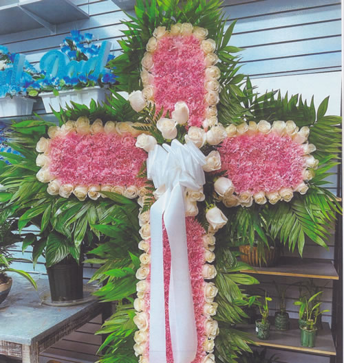 Pink Flowers & White Roses & White Ribbon Bow Cross Arrangement Grave