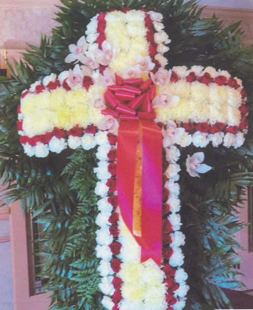 White, Yellow & Pink Flowers & Red Roses & Red Ribbon Bow Cross