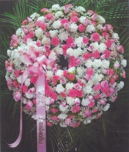 White & Pink Flowers & Pink Ribbon Bow Circular Wreath Arrangement