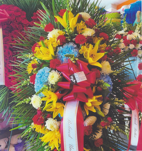 Yellow & Light Blue & White & Red Flowers & Red Bow with White Ribbon