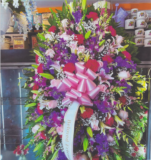 Pink & Red & Purple Flowers & Pink Bow with White Ribbon Wreath Grave