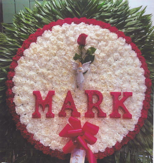 White Flowers & Red Roses & Red Bow with White Ribbon “Mark” Wreath