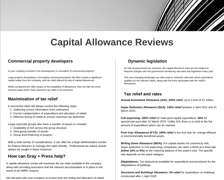 Capital Allowances Super Deduction Gray + Press