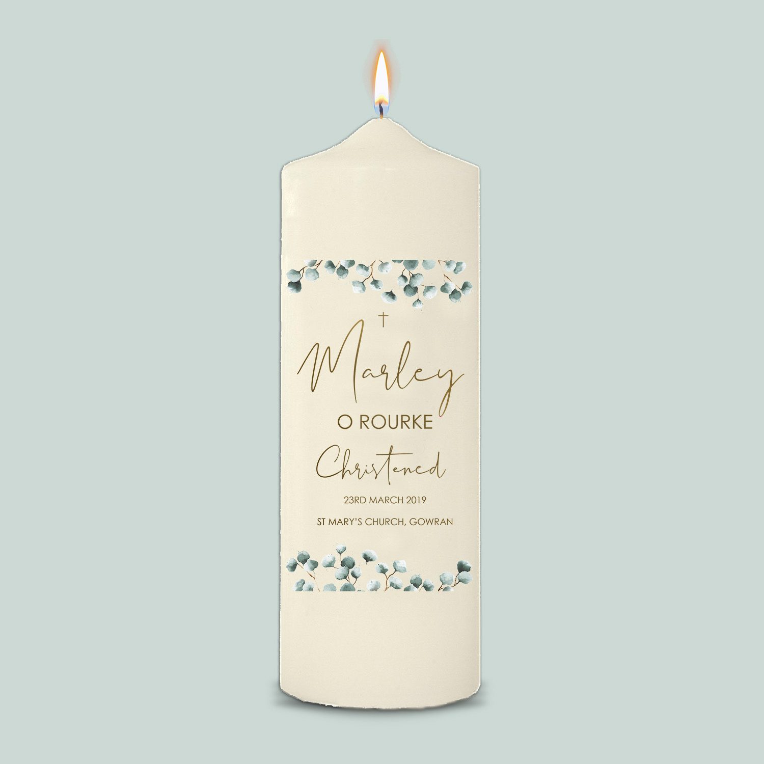 Christening Candle Foliage Design Gray Robin