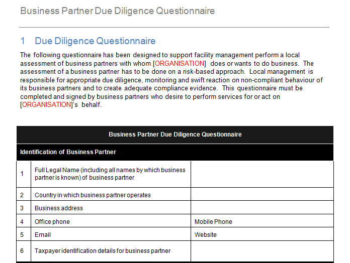 Business Partner Due Diligence Questionnaire GRCReady