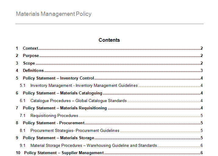 Policy for Materials Management GRCReady