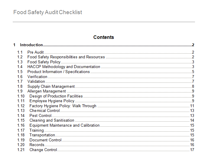 Food Safety Audit Checklist