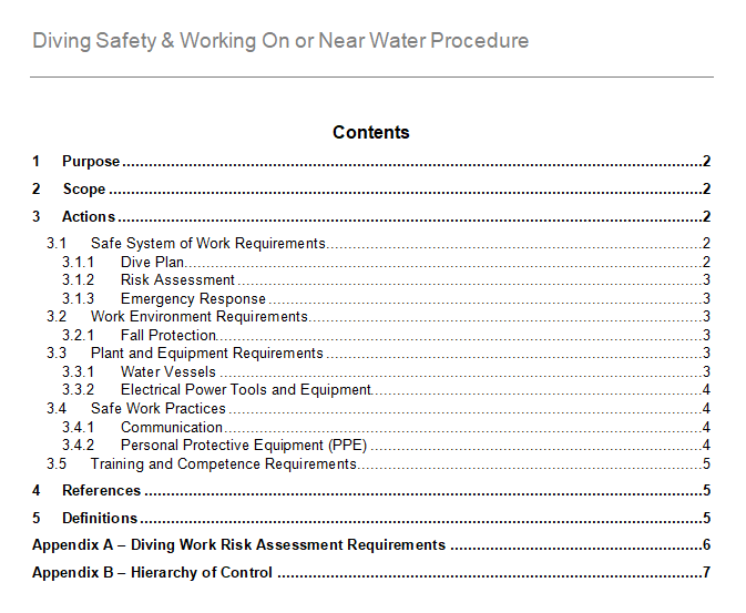 Procedure for Diving Safety and Working On or Near Water GRCReady