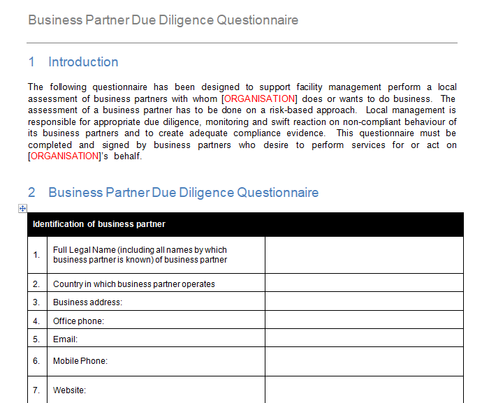 Business Partner Due Diligence Questionnaire GRCReady
