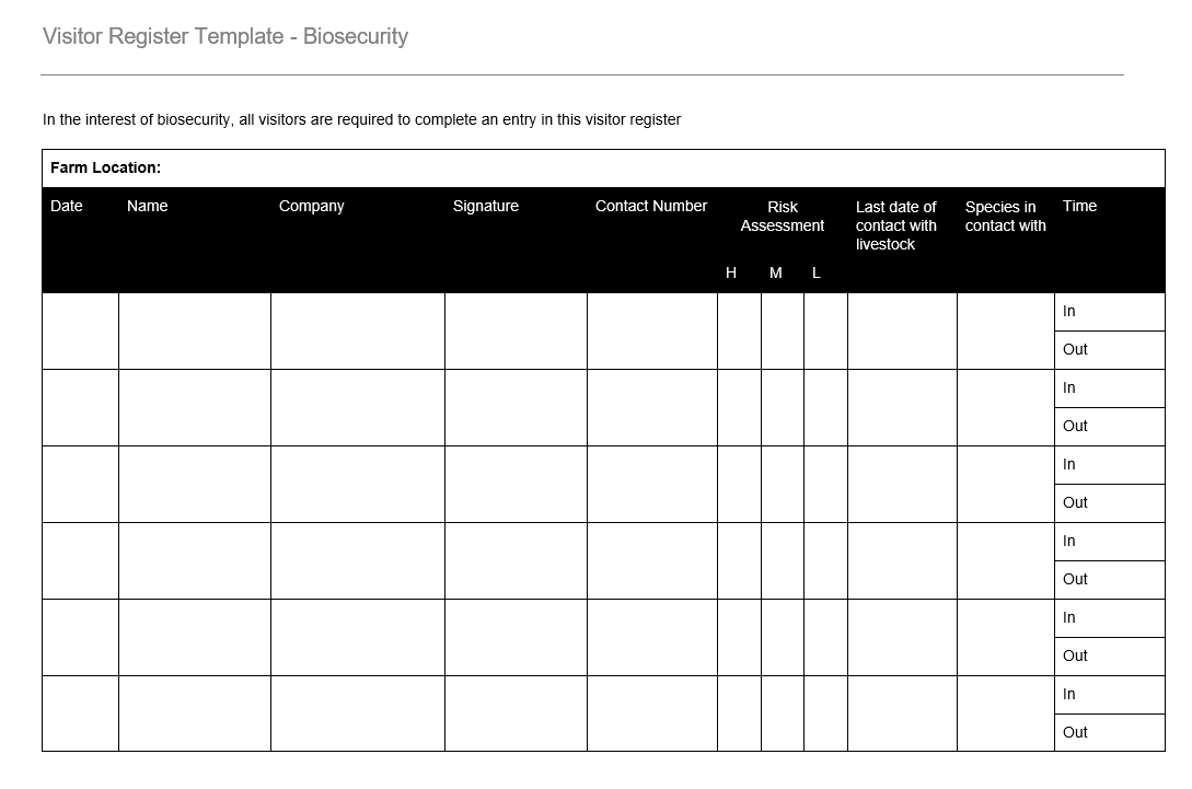 Template for Visitor Register (Biosecurity) GRCReady