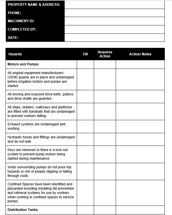 Checklist for Irrigation Pumps & Motor Hazards GRCReady