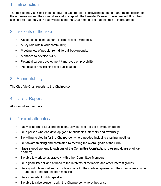 Position Description for Club Vice Chair GRCReady