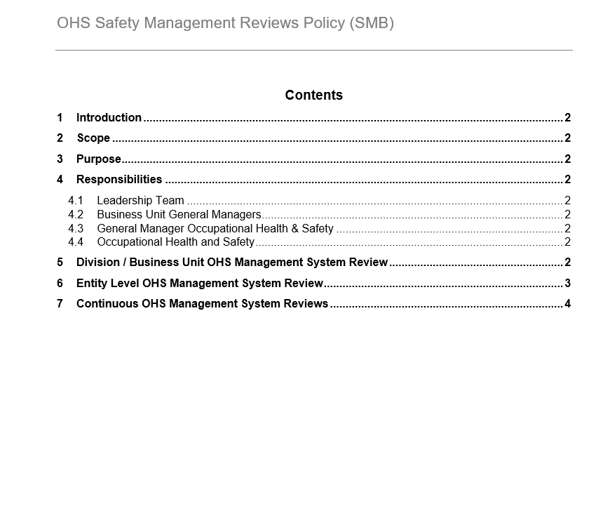 Policy for OHS Safety Management Reviews (SMB) GRCReady