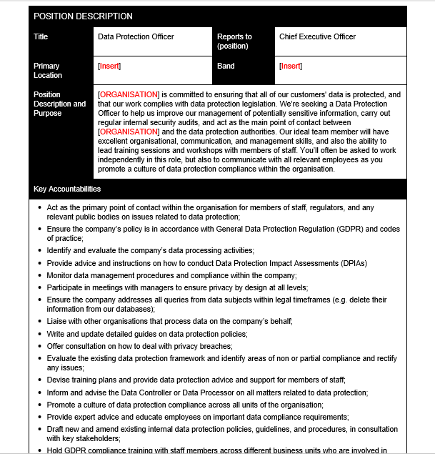 Position Description for Data Protection Officer GRCReady