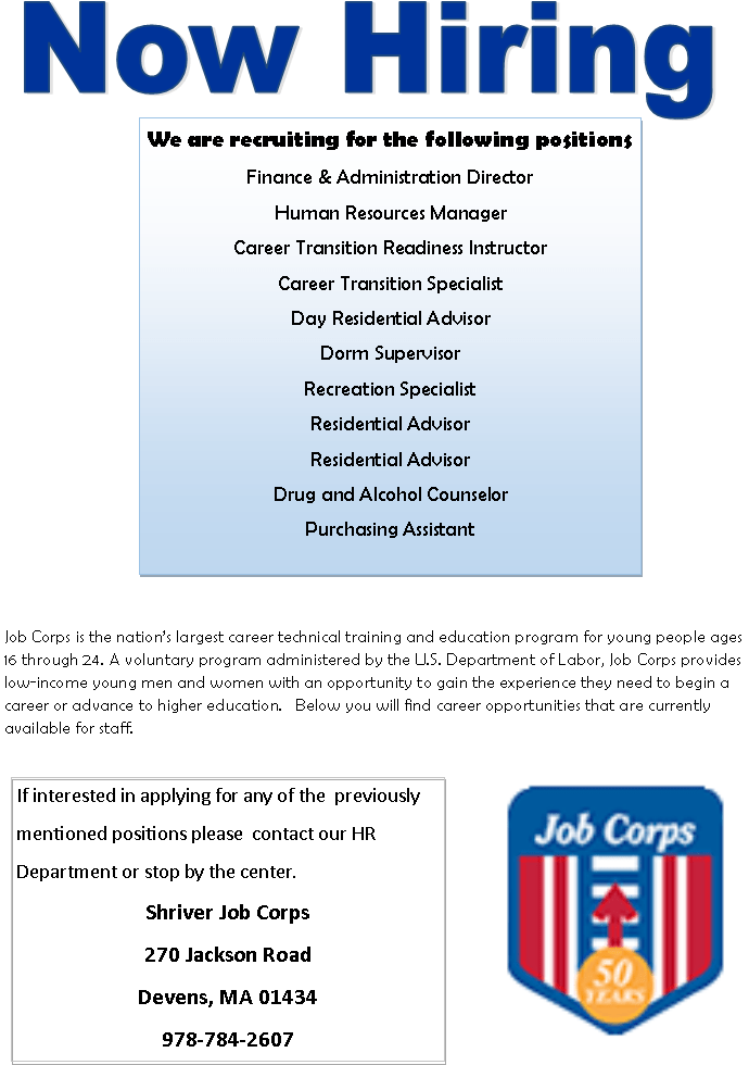 Shriver Job Corps Many Openings! Greater Lowell