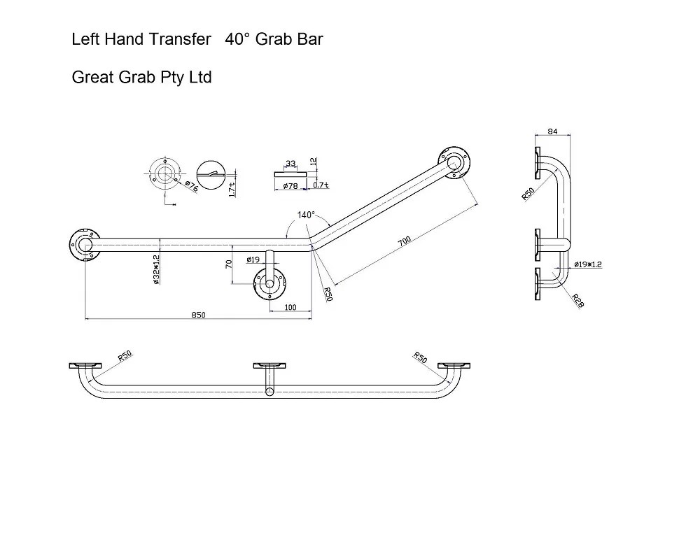40 Degree Grab Bar LH Transfer AS1428.1 Great Grab