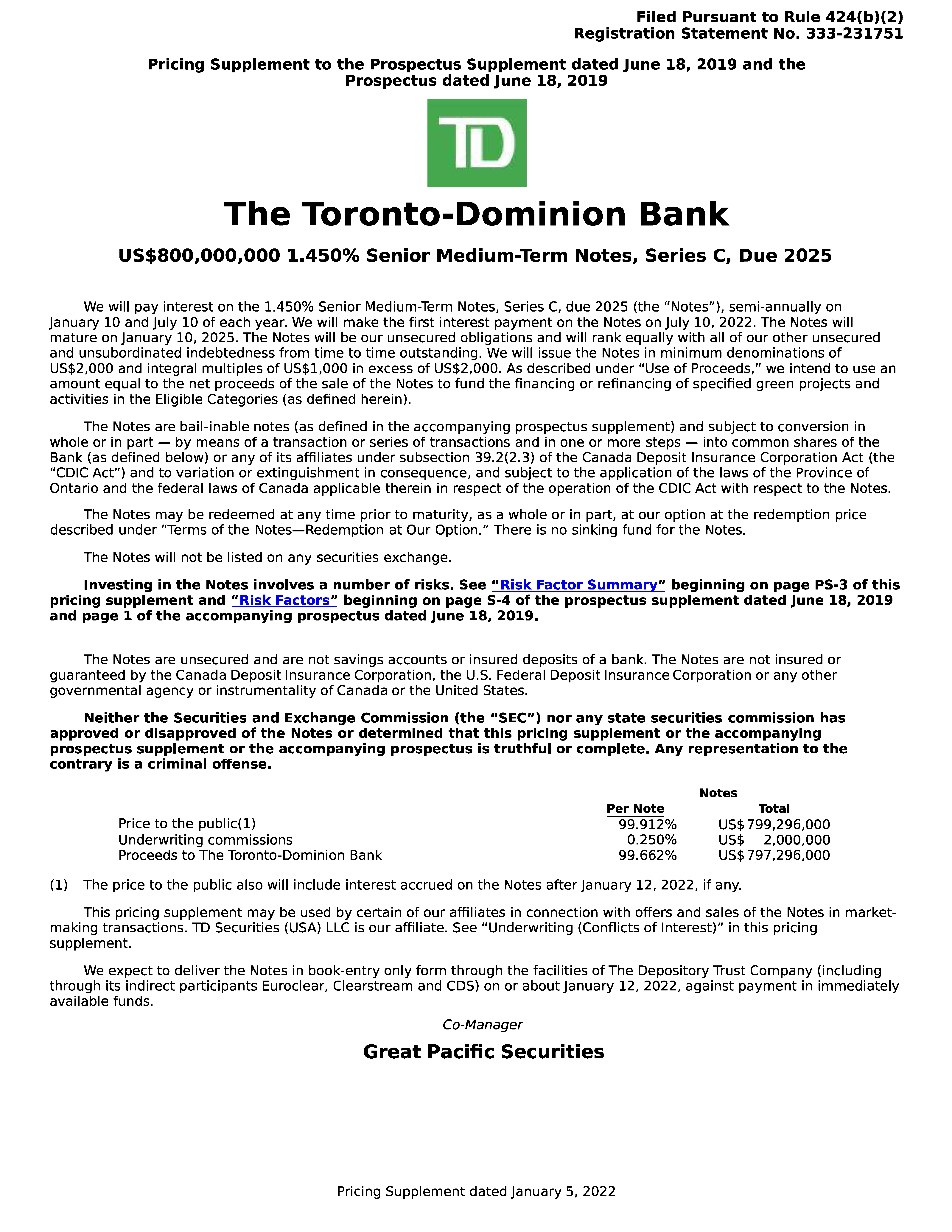 230ATORONTODOMINION424B2 Great Pacific Securities