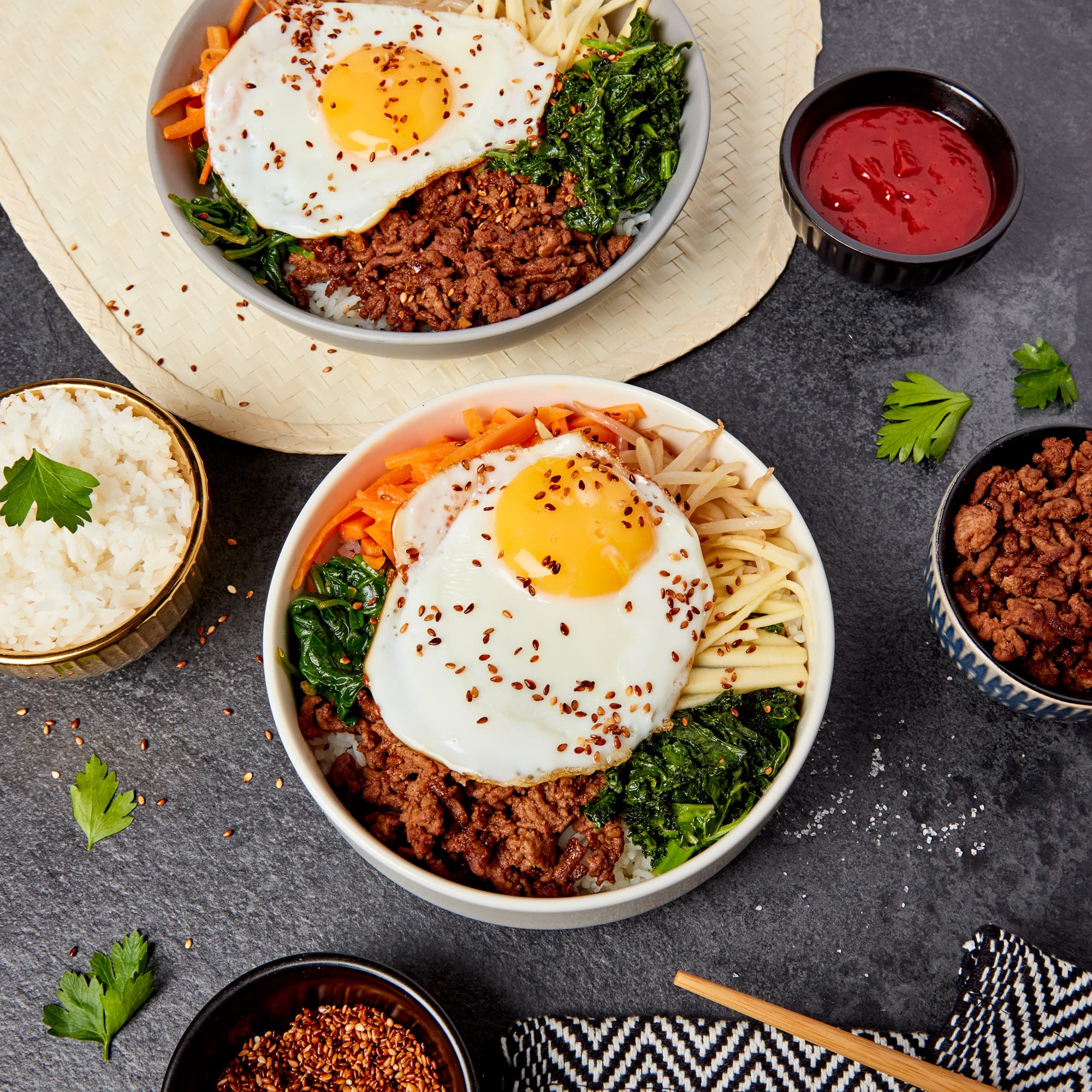 Bibimbap Korean rice bowl made with the Help of a Tsuki rice cooker