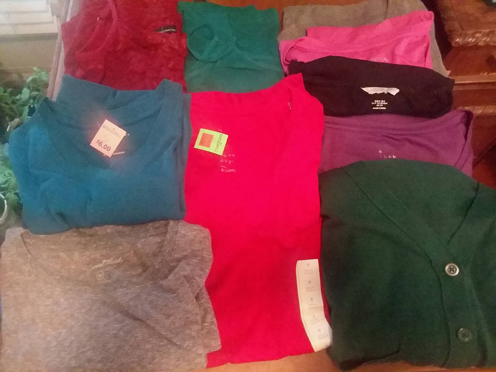 Colorful shirts from thrift stores,