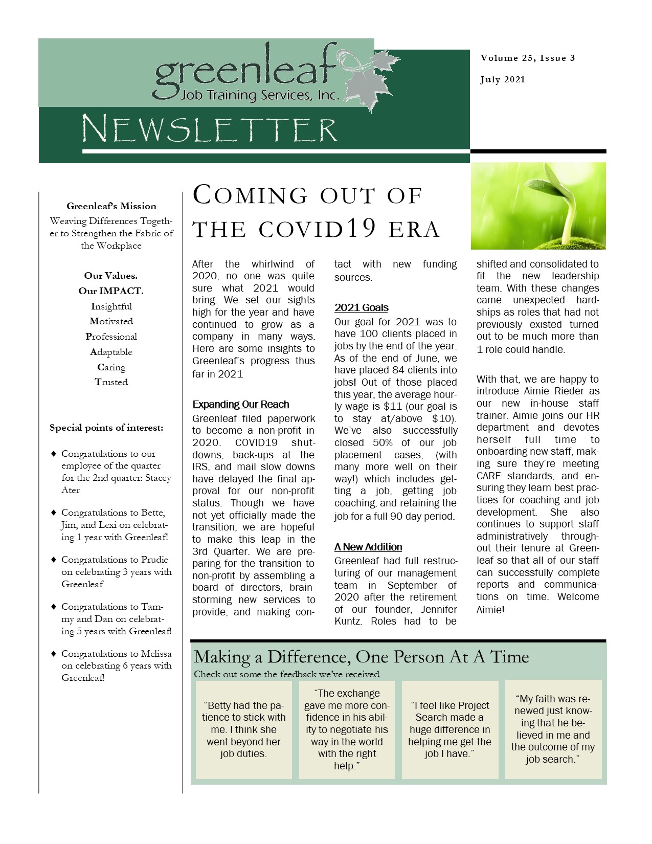 Quarterly Newsletter July 2021 Greenleaf Job Training Services