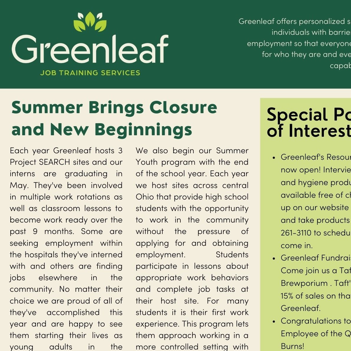 2023 Q2 Newsletter Greenleaf Job Training Services