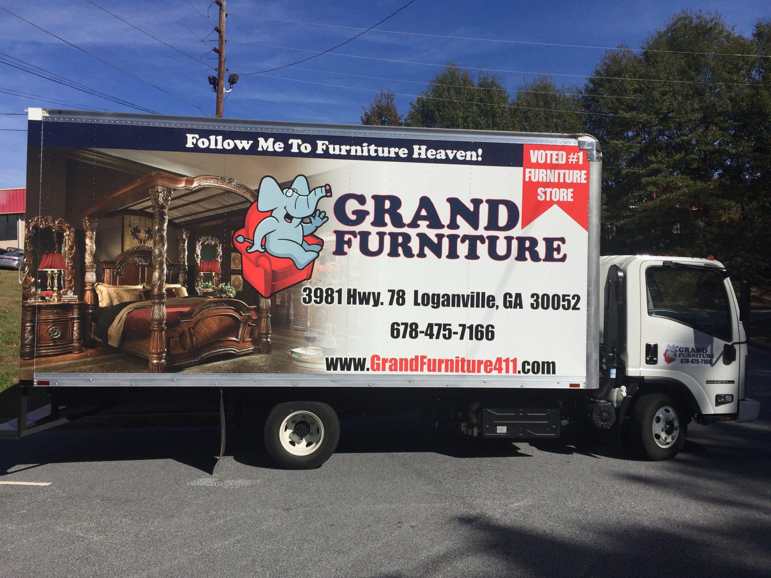 Grand Furniture Vinyl Wrap on Box Truck Green Light Graphics