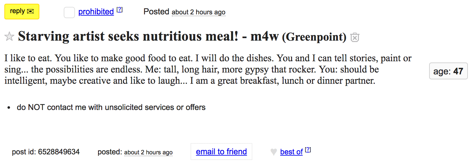 Starving Greenpoint Artist Seeking Food Via Craigslist