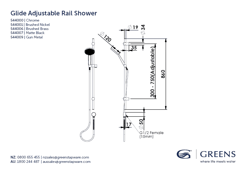 Glide RainBoost Adjustable Rail Shower Greens Tapware