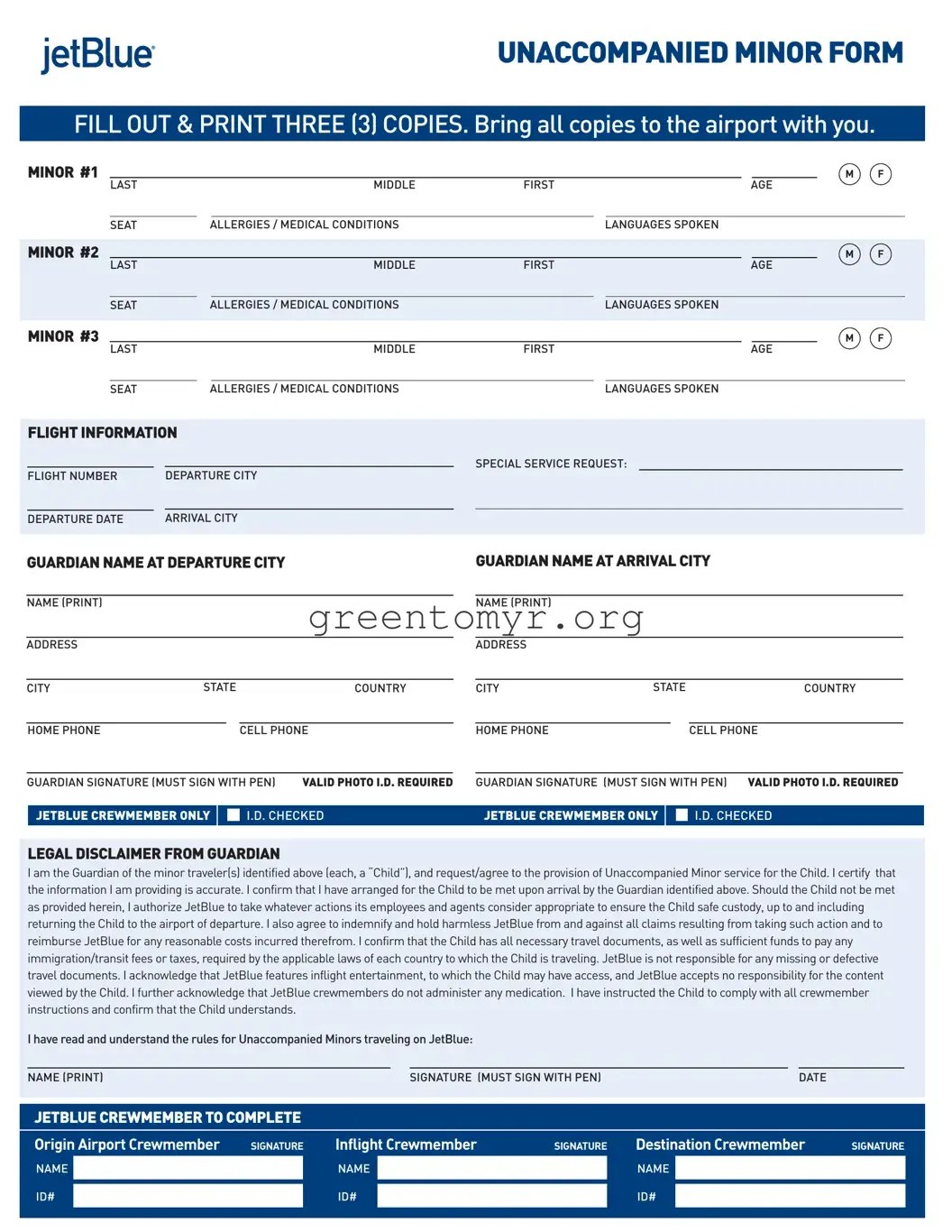 Fill Out a Valid Jetblue Minor Template Now ≡ Best Places for Green