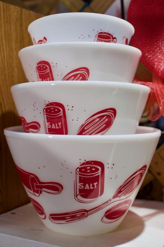 Fire King set of 4 red & white bowls