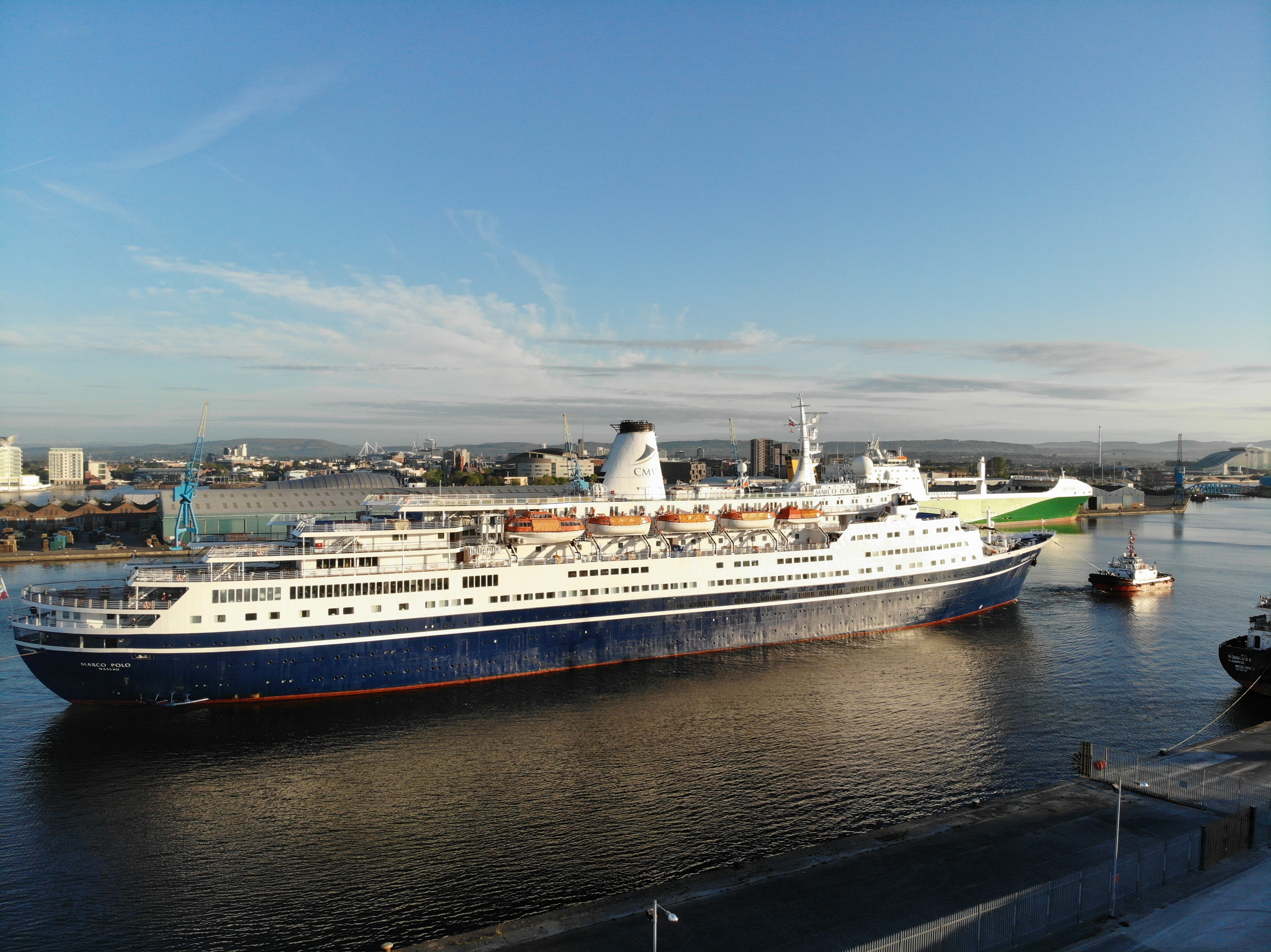 Cruise ship the Marco Polo arriving at ABP Cardiff Videos by Drone