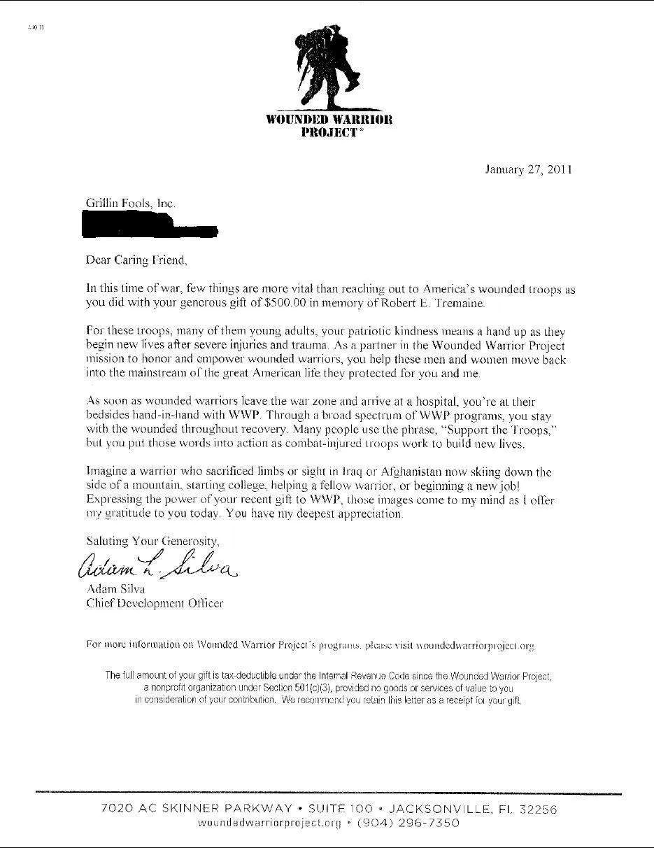 Donations for Wounded Warrior and the Fisher House GrillinFools